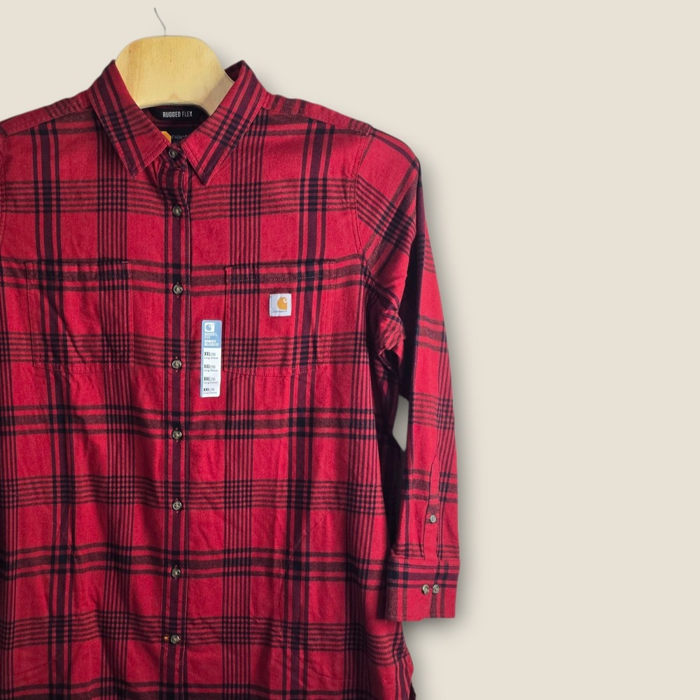 Carhartt Womens XXL 20 Rugged Flex Red Black Plaid Flannel Tunic Long Sleeve